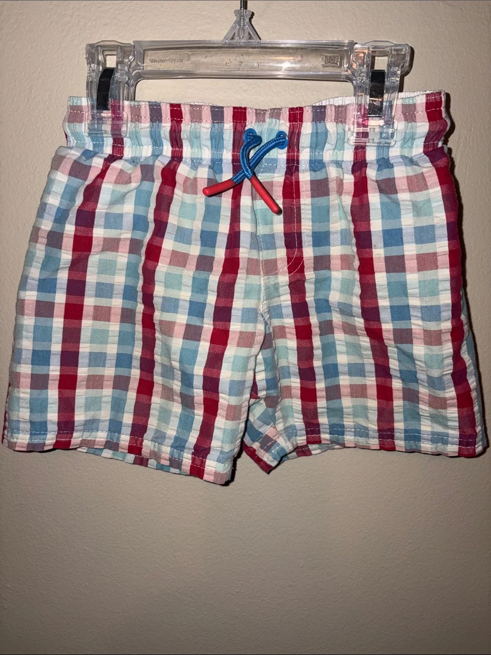 Cat & Jack Red, Blue, White Plaid Kids Swim Trunks